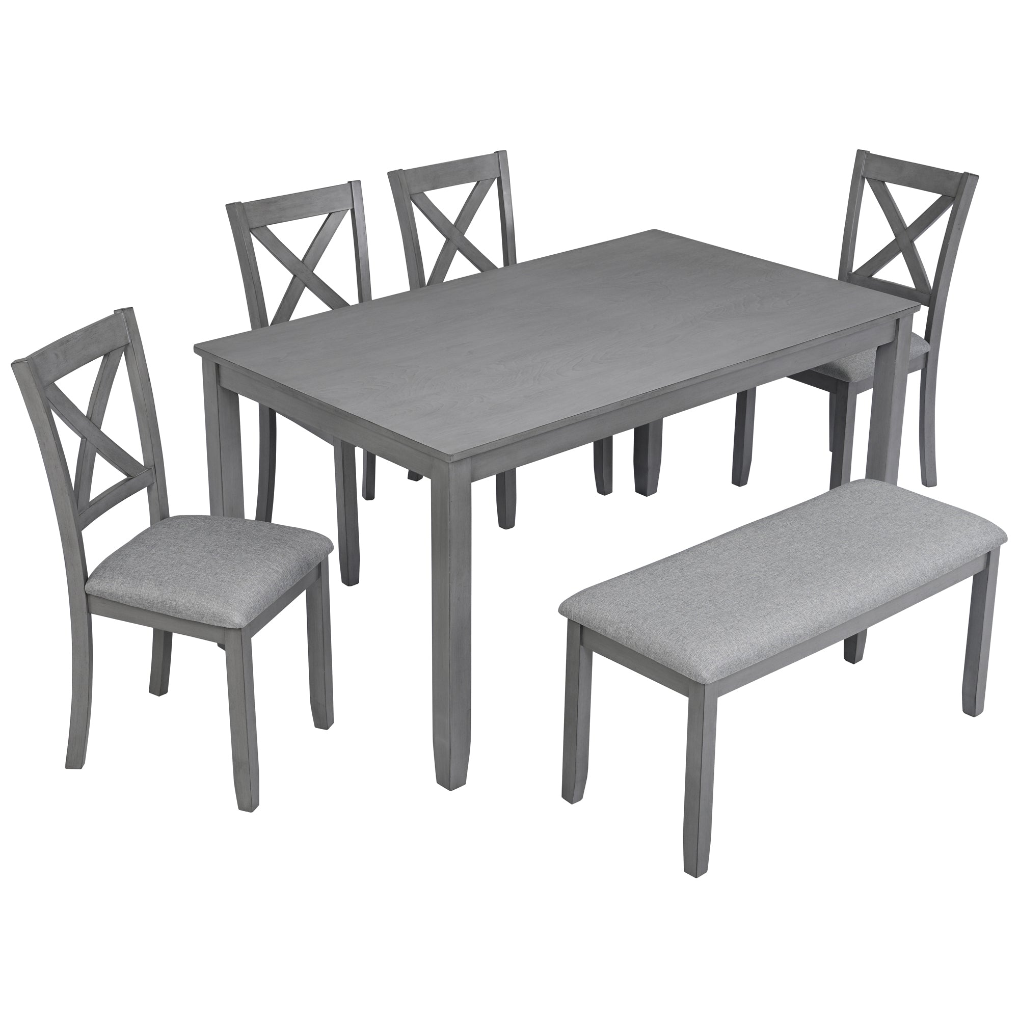 6PCs Kitchen Dining Set, Rectangular Wooden Dining Table with 4 Upholstered Chairs and a Bench, Dining Table Set for 6 People, Living Room, Home Bar and Kitchen, Gray - Grand Goldman Shop