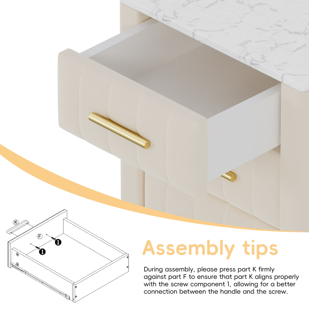Upholstered Wooden Nightstand with 3 Drawers and Metal Legs&Handles, Bedside Table with Marbling Stickers Worktop - Beige - Grand Goldman Shop