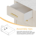 Upholstered Wooden Nightstand with 3 Drawers and Metal Legs&Handles, Bedside Table with Marbling Stickers Worktop - Beige - Grand Goldman Shop