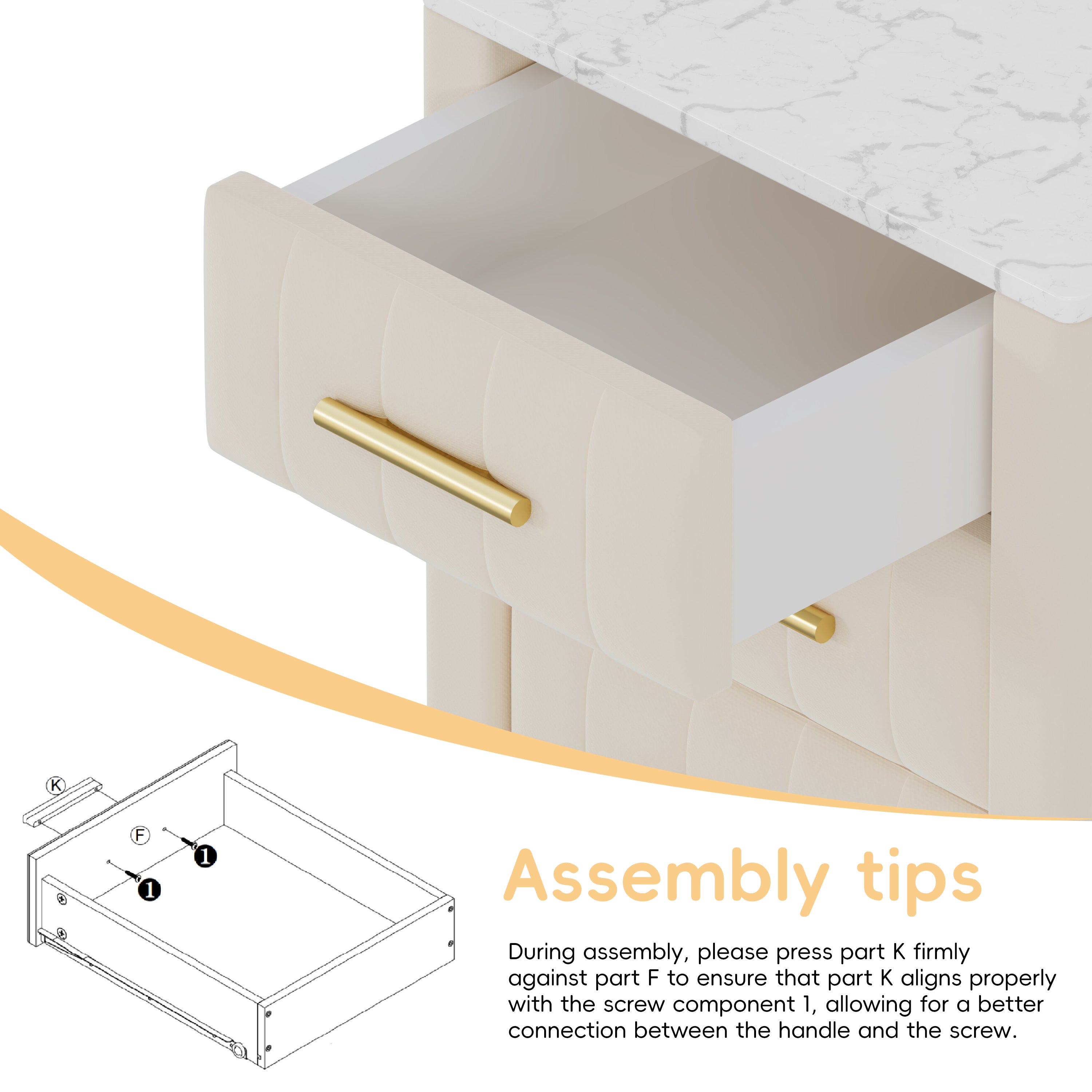 Upholstered Wooden Nightstand with 3 Drawers and Metal Legs&Handles, Bedside Table with Marbling Stickers Worktop - Beige - Grand Goldman Shop