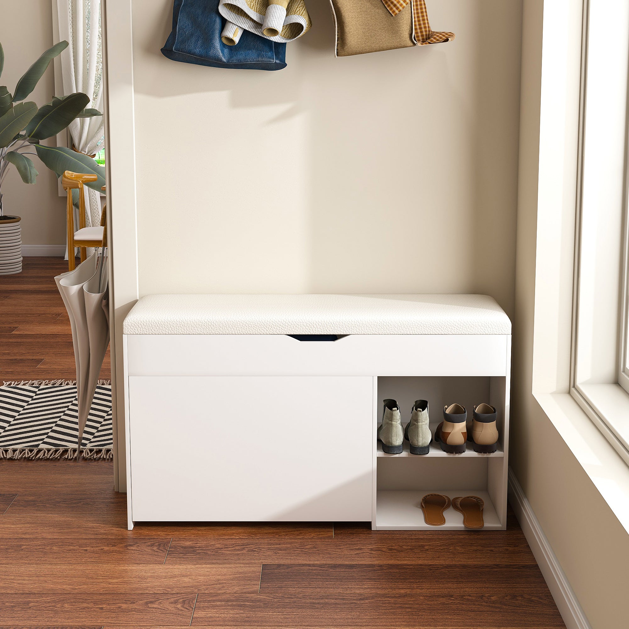 Modern Design Entryway Bench with Adjustable 3-Tier Flip-Up Drawers and Hidden Cabinet in White - Grand Goldman Shop