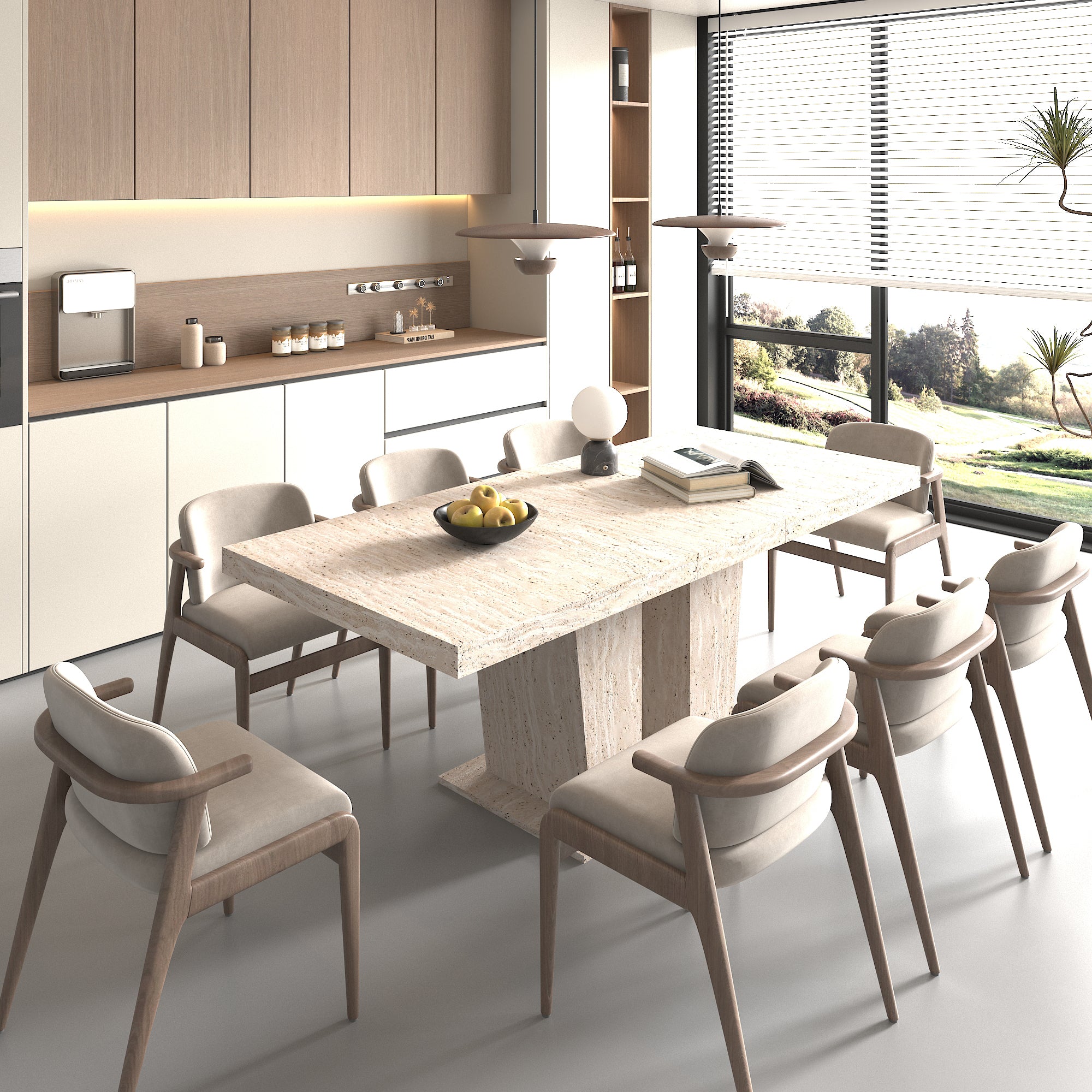 Rectangular extendable dining table, suitable for 6-10 people, with veined travertine pattern, dimensions 160-200 cm, simple and elegant. - Grand Goldman Shop