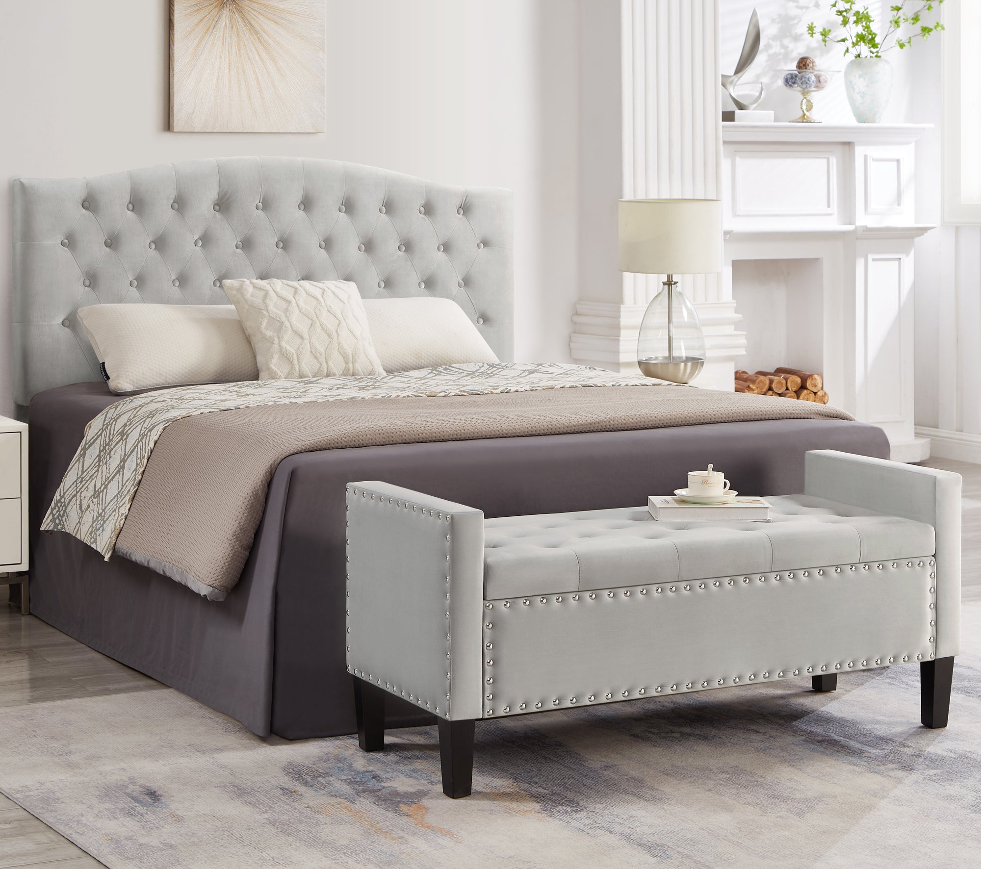 Upholstered Tufted Button Storage Bench with nails trim,Entryway Living Room Soft Padded Seat with Armrest,Bed Bench-Gray - Grand Goldman Shop
