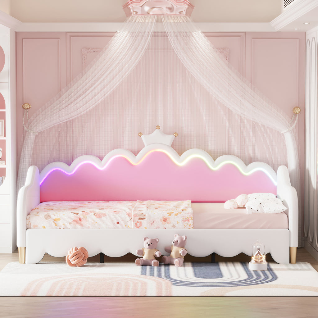 Twin Extending Daybed with LED Lights, Modern Upholstered Princess Daybed With Crown Headboard,White - Grand Goldman Shop