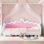 Twin Extending Daybed with LED Lights, Modern Upholstered Princess Daybed With Crown Headboard,White - Grand Goldman Shop