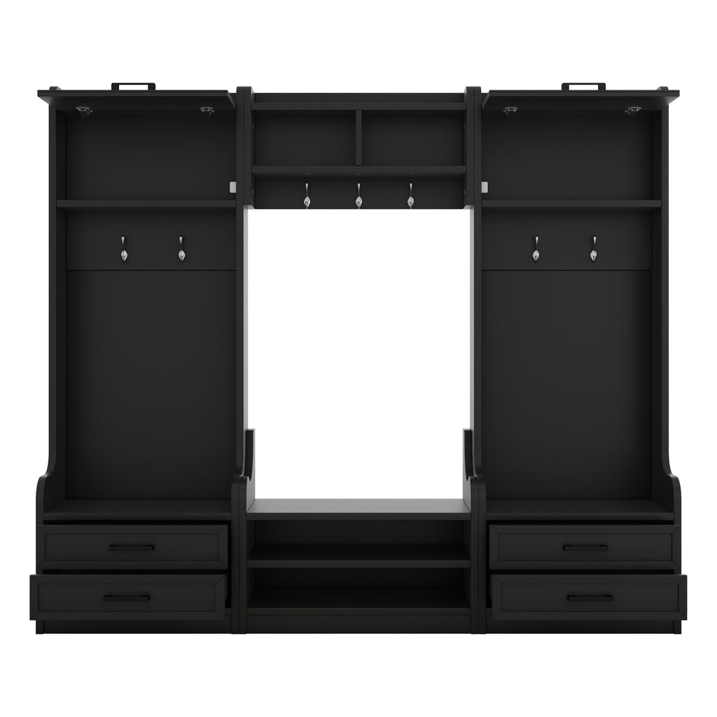 4-in-1 Detachable Hall Tree with Storage and 7 Hooks, Multiple Functions Hallway Coat Rack with Storage Drawers and Cabinet, Black Shoe Bench for Entryway Hallway - Grand Goldman Shop