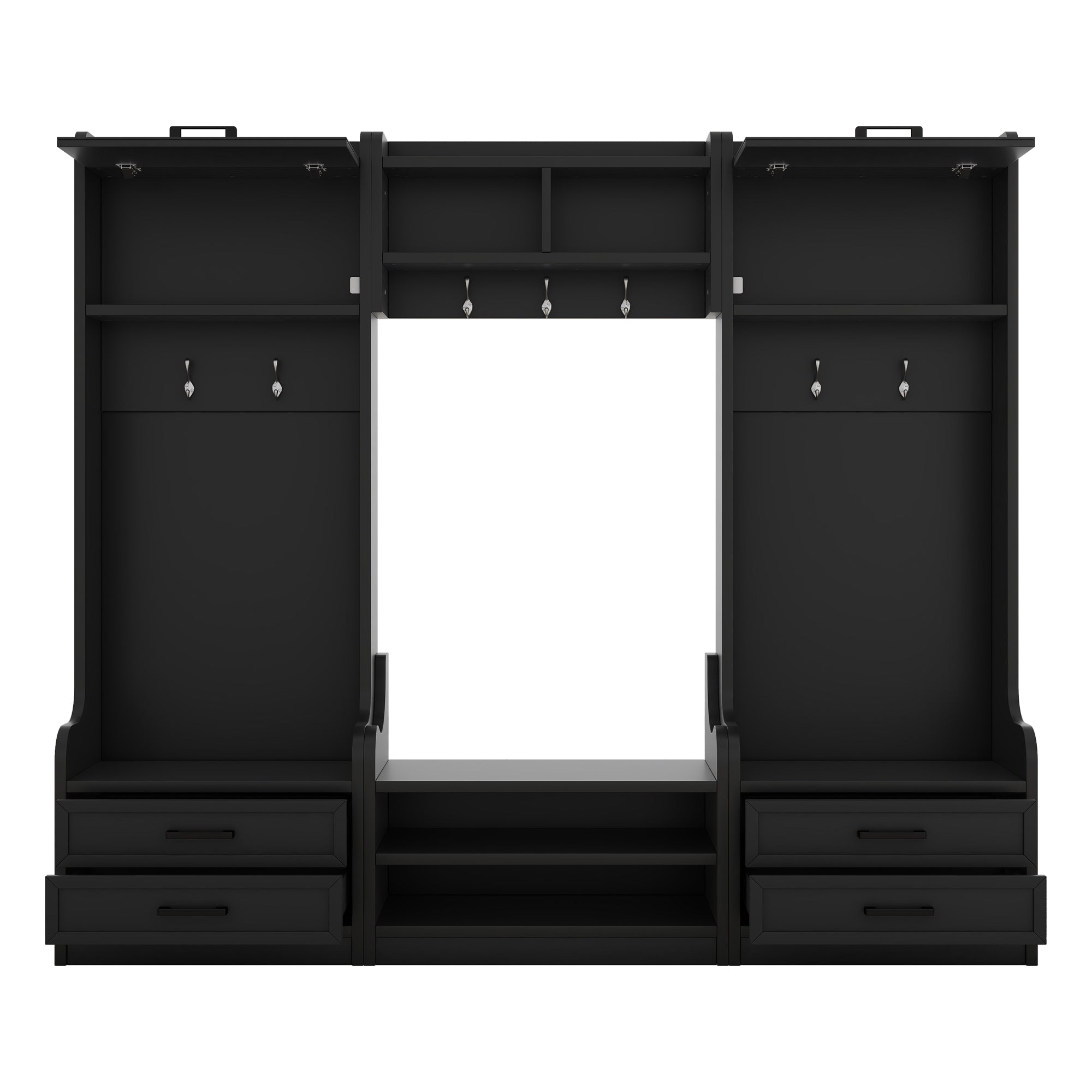 4-in-1 Detachable Hall Tree with Storage and 7 Hooks, Multiple Functions Hallway Coat Rack with Storage Drawers and Cabinet, Black Shoe Bench for Entryway Hallway - Grand Goldman Shop