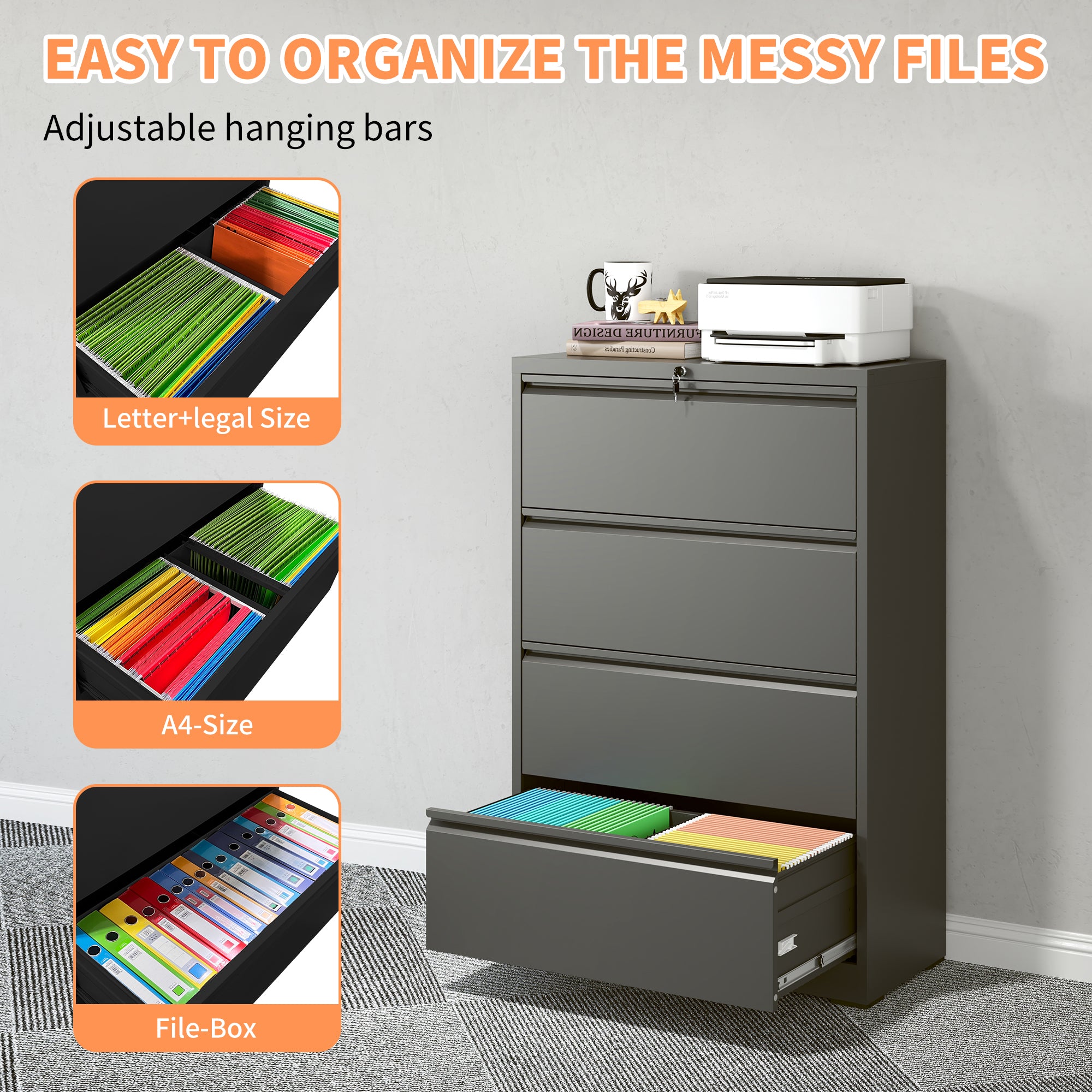 Stylish 4 Drawer Lateral File Cabinet, Heavy Duty Metal Filing Cabinet in Black, Eco-Friendly Cold-Rolled Steel, 35.4 Inch Wi