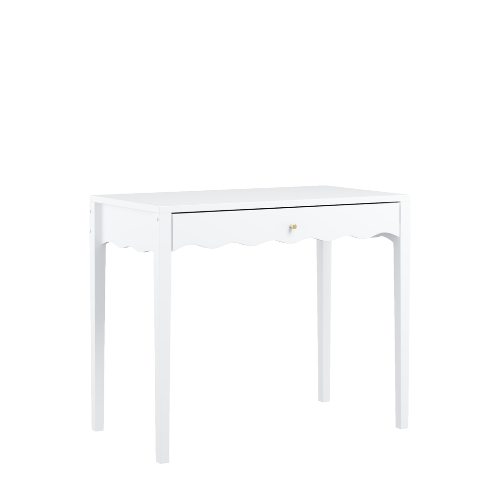 White 35.43' Vanity Desk with Drawer – Modern Makeup Table with Scalloped Front & Gold Knob, Compact Writing Desk with 4 Sturdy Legs for Bedroom, Small Home Office & Apartment Spaces - Grand Goldman Shop
