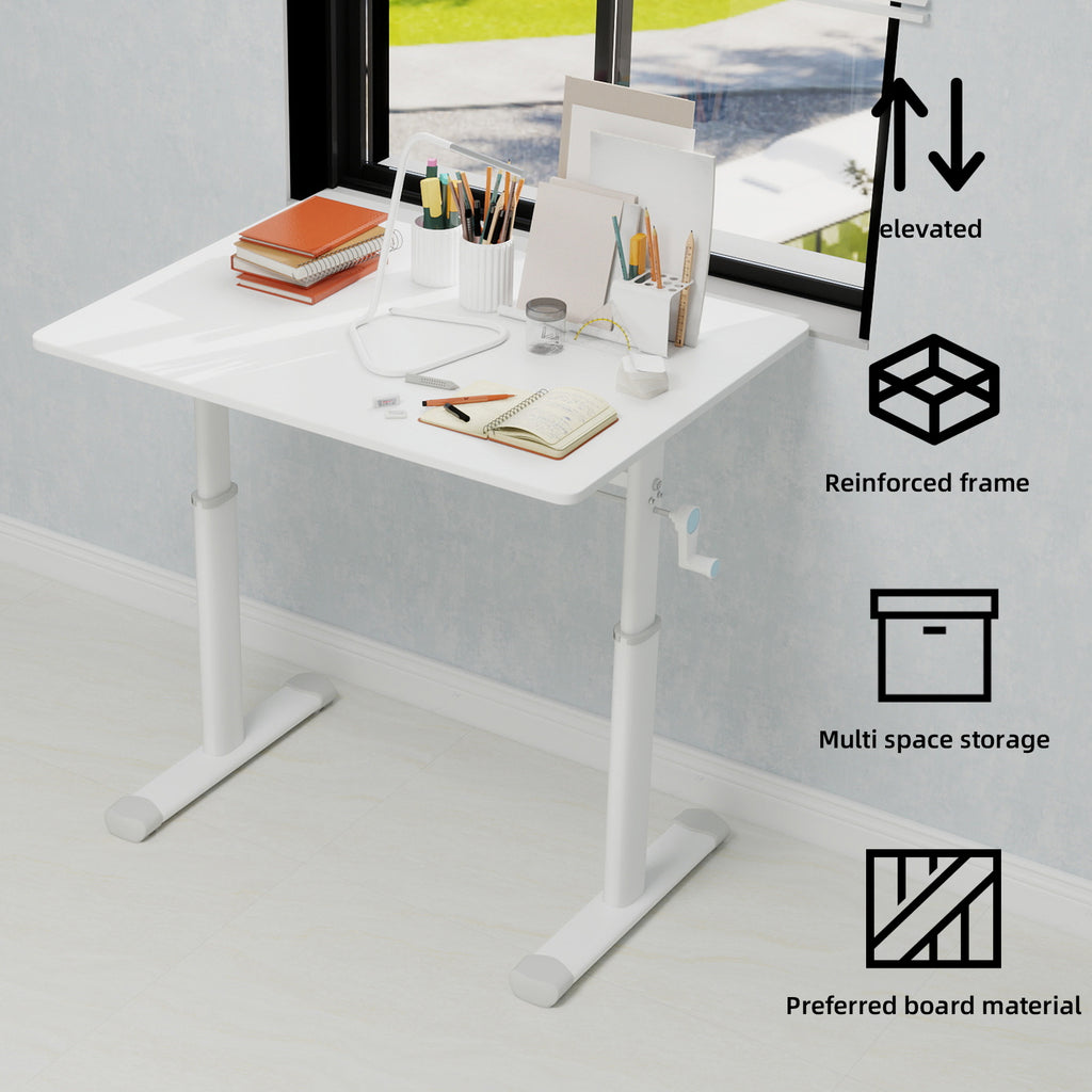 Adjustable Study Desk for Kids and Adults, Height-Adjustable Home Office Desk, White Frame with White Wood Tabletop, 60cm x 8