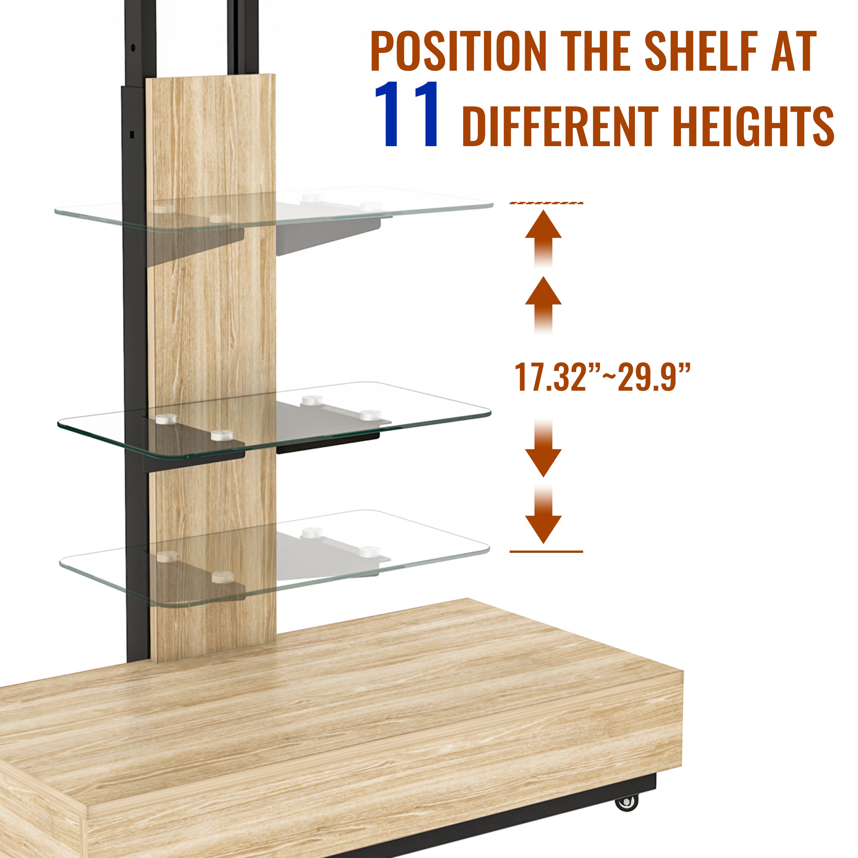 Natural Adjustable Height Mobile TV Cart with Push-Pull Drawer for 32-75 Inches, Wood & Glass TV Stand with Wheels - Grand Goldman Shop