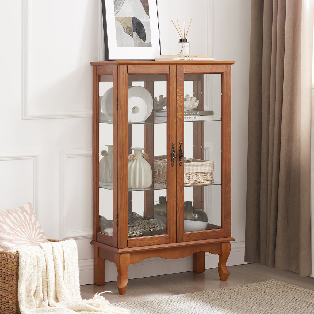 2 Doors Curio Cabinet with Tempered Glass Doors, Curio Cabinets with Mirrored Back Panel and Adjustable Shelves, Lighted Display Cabinet for Home, Office Light Bulb Included Oak - Grand Goldman Shop