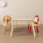 Lion & Monkey Wooden Activity Play Table Set for Kids, 3-Piece Toddler Table and Chair Set in Yellow & Red, Solid Wood & MDF,