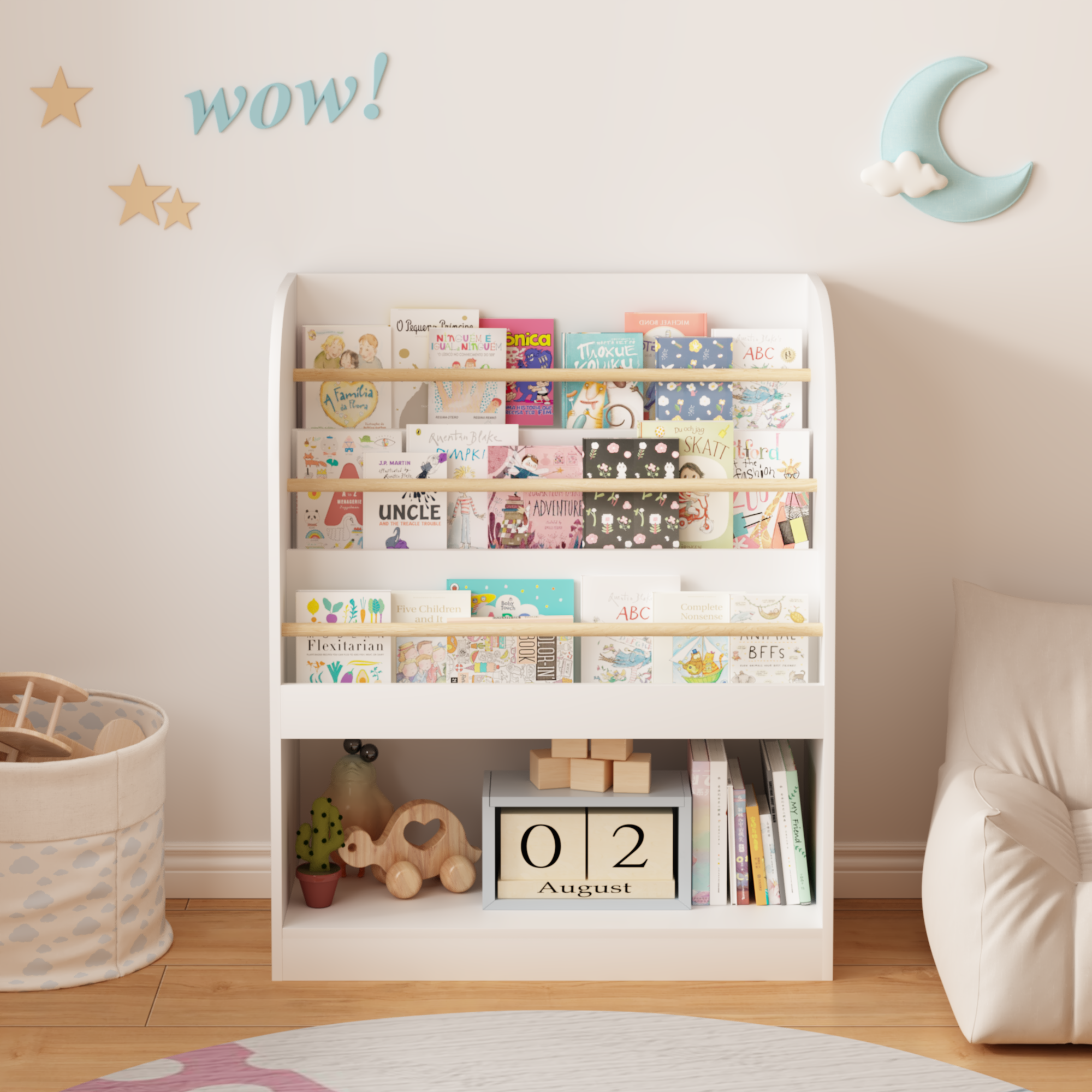 Kids Bookshelf with Open Storage, Front-Facing Children's Bookcase, Multi-Tier Wooden Book Display Shelf for Toddlers, Playro