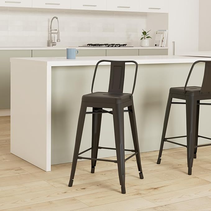 Modern Light Weight Industrial Contemporary Rustic Vintage Costal Metal Barstools with Bucket Back and 4 Leg Design, Seat Bar