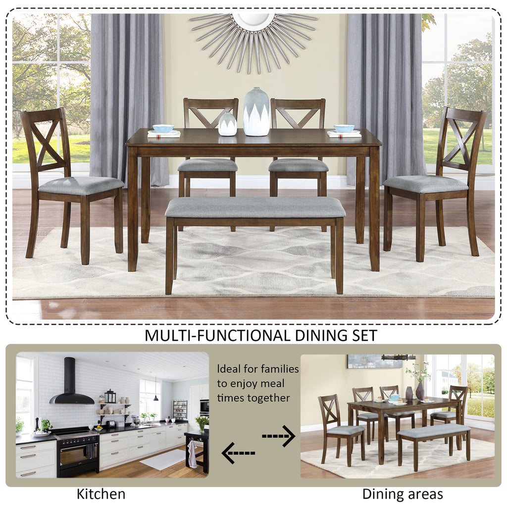 6PCs Kitchen Dining Set, Rectangular Wooden Dining Table with 4 Upholstered Chairs and a Bench, Dining Table Set for 6 People, Living Room, Home Bar and Kitchen, Walnut - Grand Goldman Shop