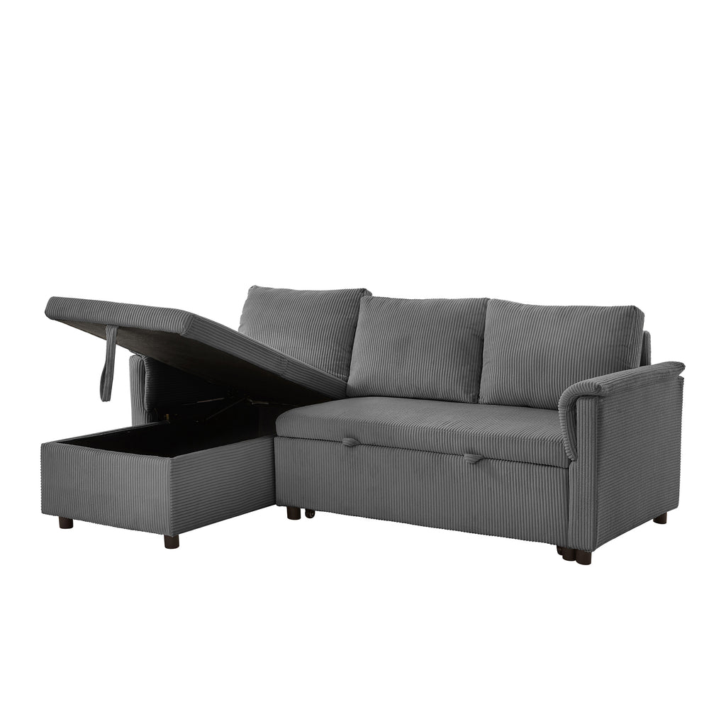 Loveseat Sofa with Chaise Lounge L-Shaped Modular Convertible Sofa with Storage Chaise, Corduroy Tufted Upholstered Sleeper Sectional Sofa,Pull Out Sleep Couch Bed and Reclining Backrest-Gray - Grand Goldman Shop