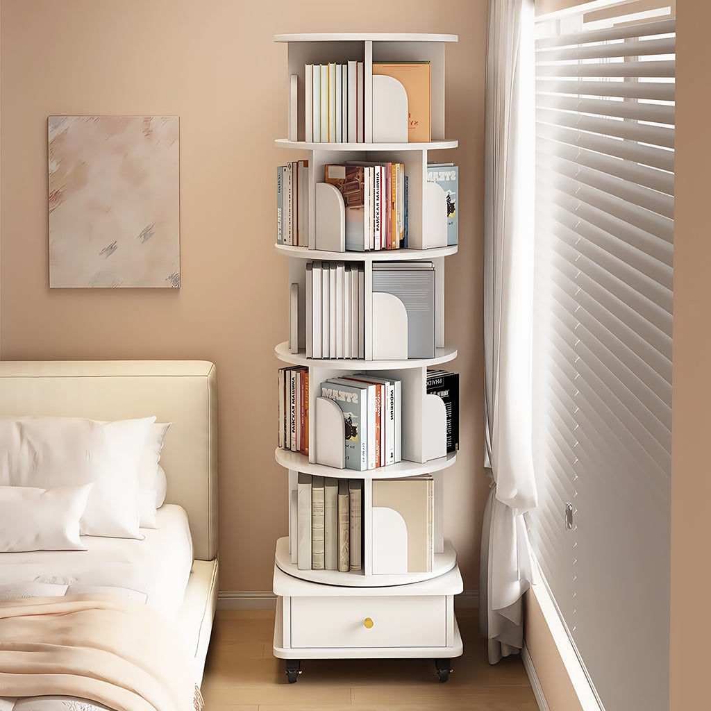 6 Tier Rotating Bookshelf, 360° Display Round Spinning Bookshelf with Wheels and Drawer, Space-Saving, Small Space Rotating Bookshelf Tower for Bedroom, Living Room, Home, Office, Warm White - Grand Goldman Shop