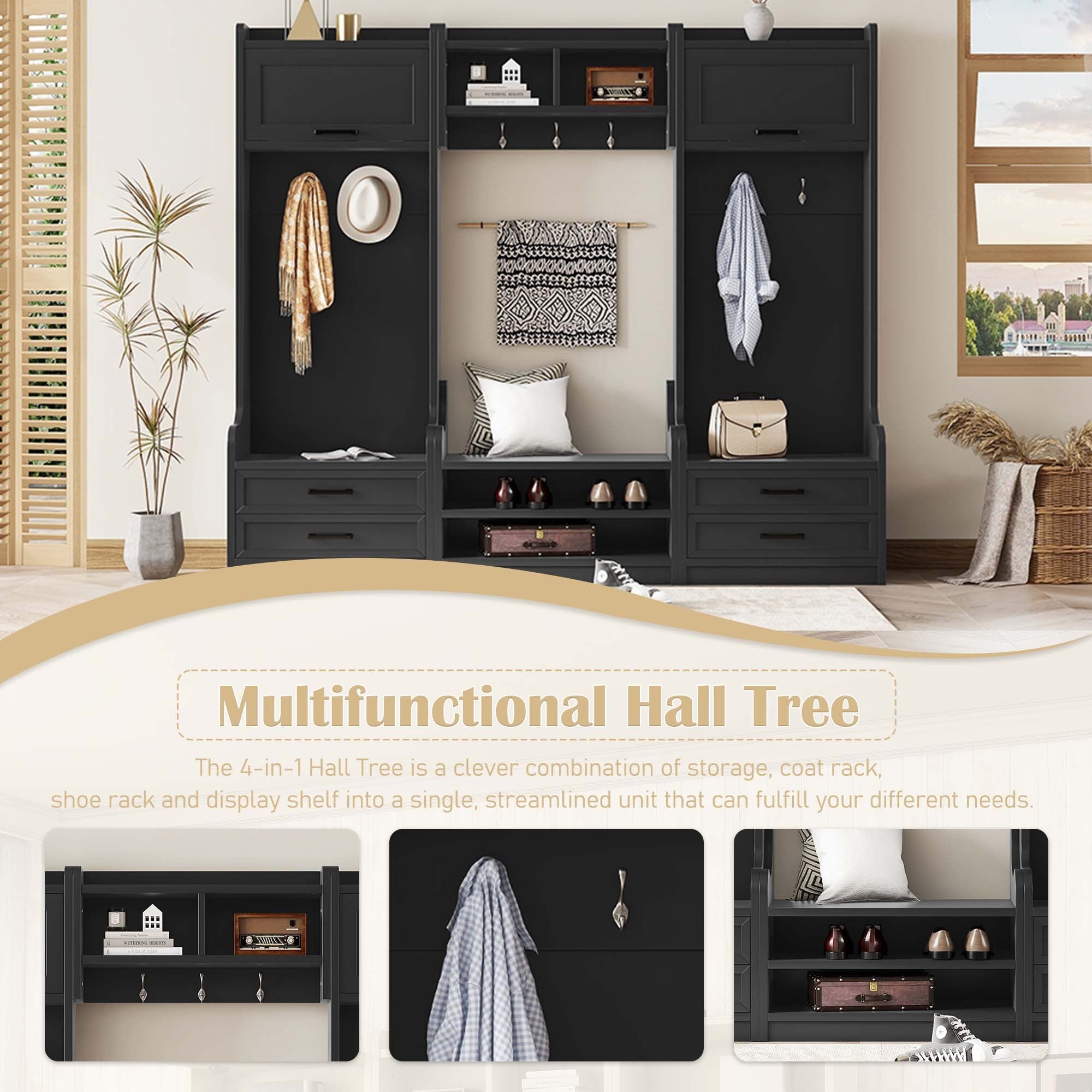 4-in-1 Detachable Hall Tree with Storage and 7 Hooks, Multiple Functions Hallway Coat Rack with Storage Drawers and Cabinet, Black Shoe Bench for Entryway Hallway - Grand Goldman Shop