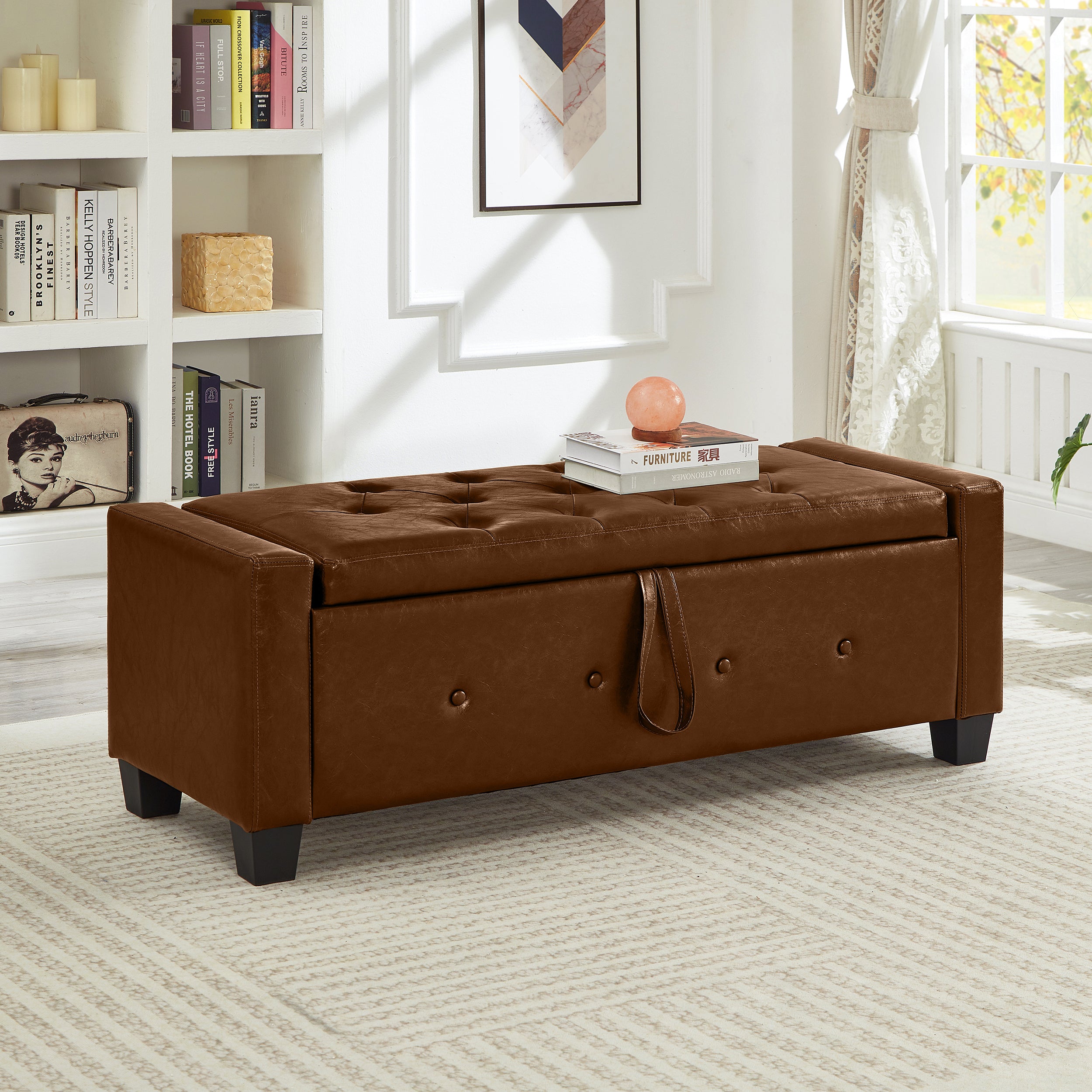 48' Ottoman Bench with Storage, Bench for Bedroom,Living Room,Hallway, Upholstered Tufted Faux Leather PU Ottoman Brown - Grand Goldman Shop