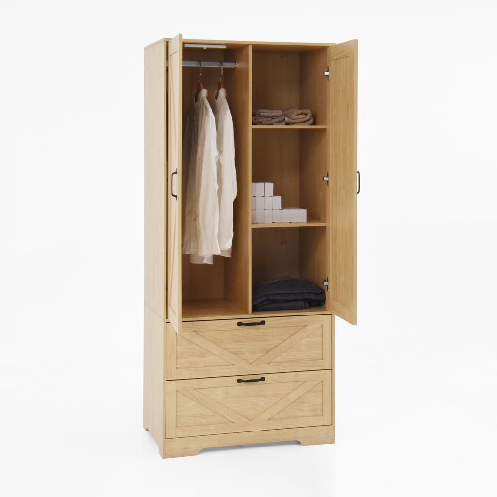 2 Door Wood Wardrobe for Bedroom with Hanging Clothing Rod inside the Cabinet and 2 Drawers for Storage Organization, Built-in induction light Multifunctional Closet with Mirror, Natural - Grand Goldman Shop
