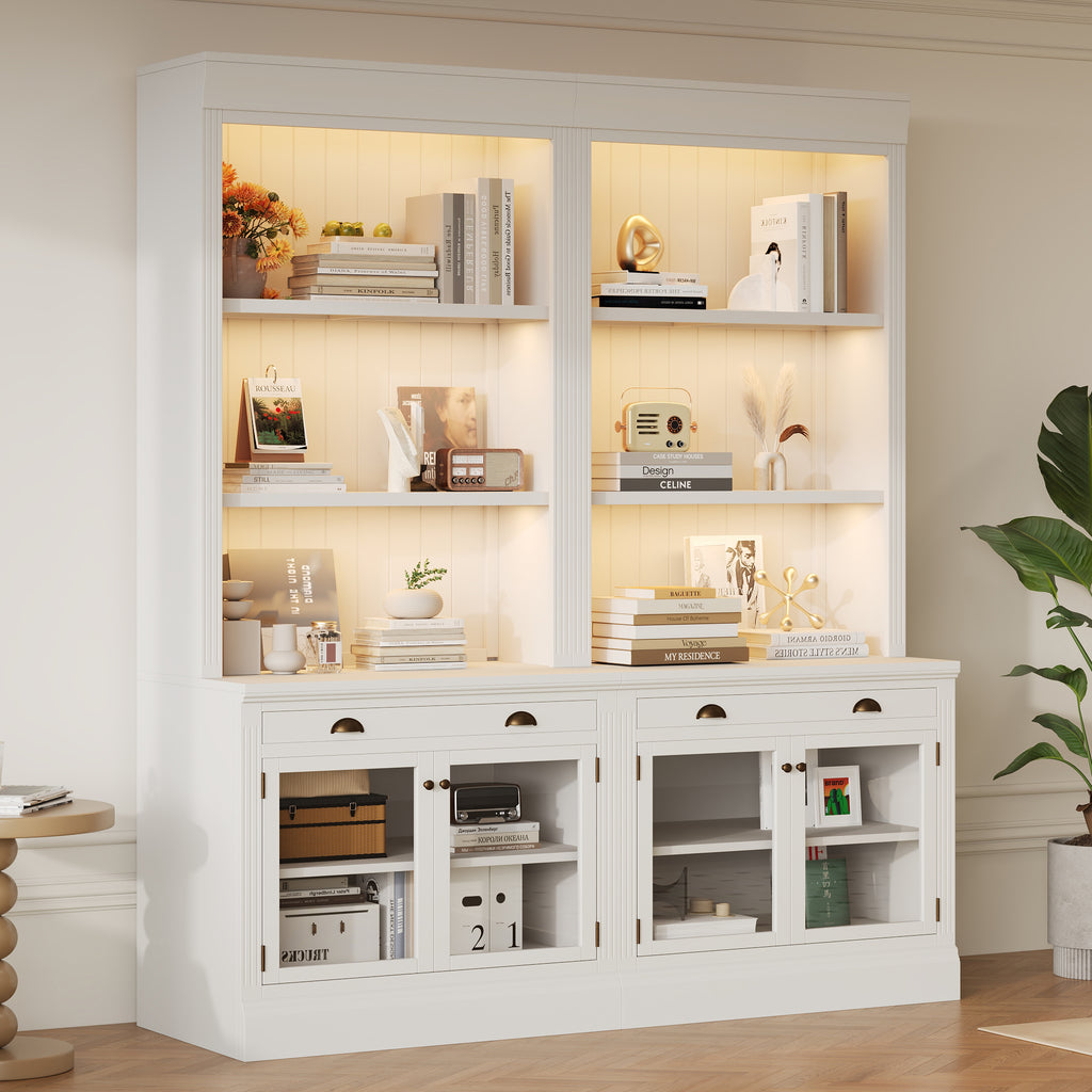 83.4'Tall Bookshelf Suite with LED Lighting, Modern Bookcases with Glass Doors and Drawers,2-Piece Set Storage Bookcase Suite