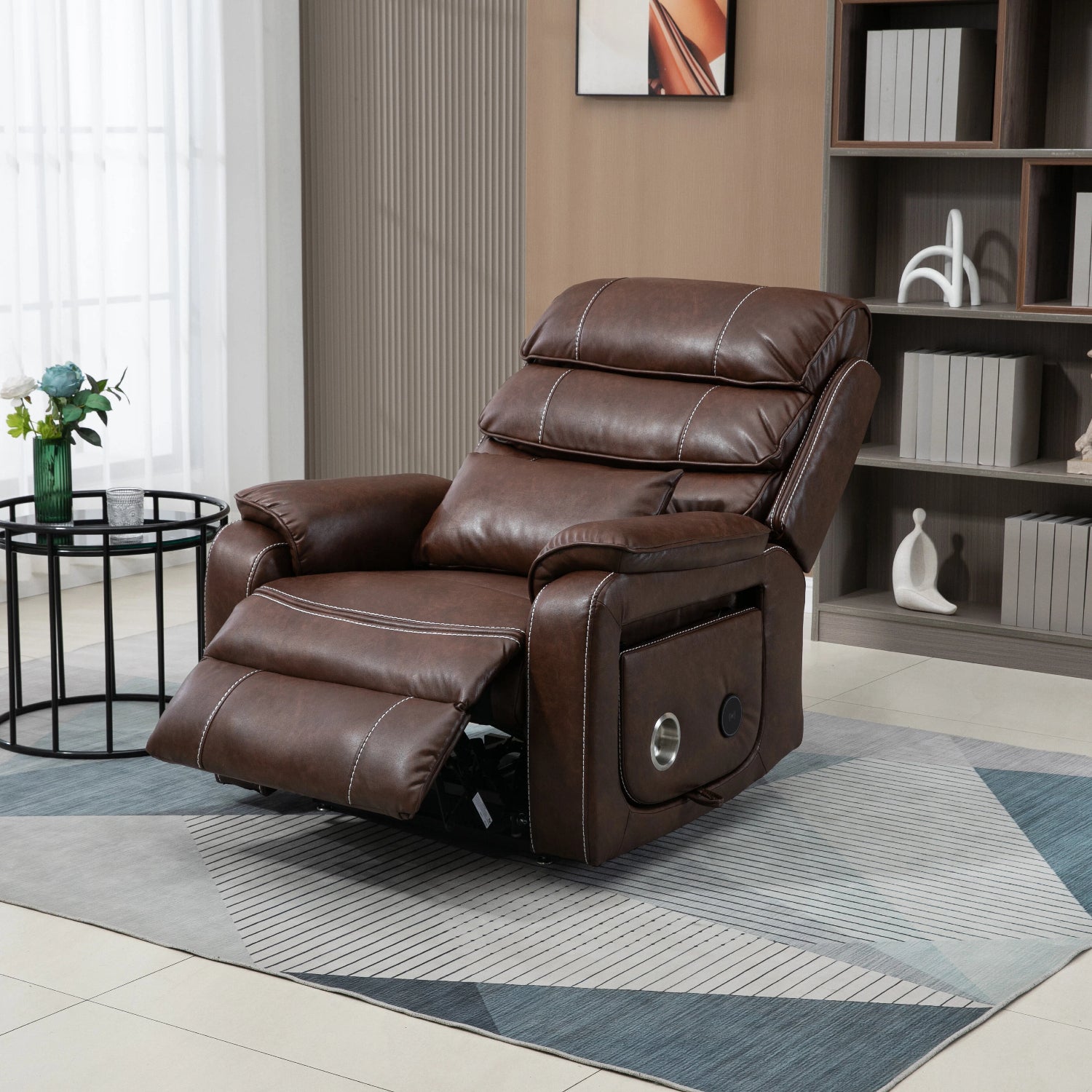 Premium Brown Technical Leather 180-Degree Lay Flat Recliner Chair with Wireless Charging, Lumbar Support, and Dual Motor Lift for Big & Tall Comfort - Grand Goldman Shop