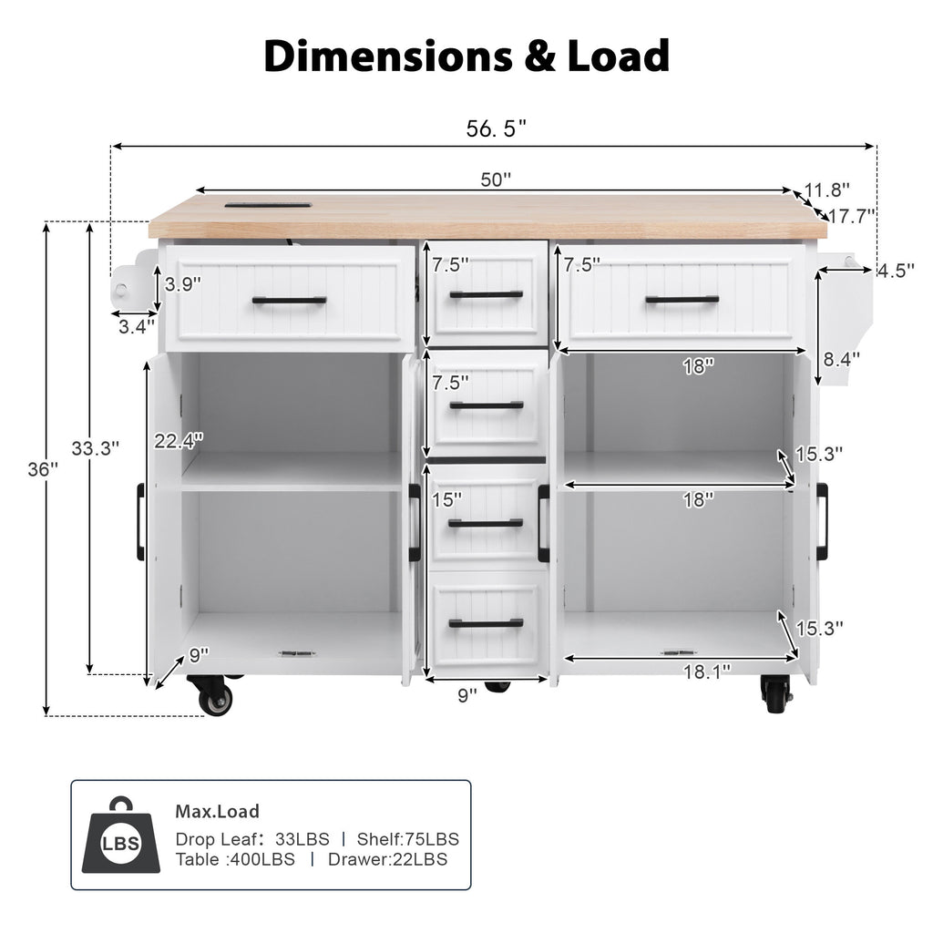 K&K 56.5'' Kitchen Island with Drop Leaf, Power Outlet, Embossed Vertical Stripe Rolling Kitchen Cart on Wheels with 4 Doors , 5 Deep Drawers and Adjustable Shelves, for Kitchen, Dining Room, White - Grand Goldman Shop