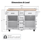 K&K 56.5'' Kitchen Island with Drop Leaf, Power Outlet, Embossed Vertical Stripe Rolling Kitchen Cart on Wheels with 4 Doors , 5 Deep Drawers and Adjustable Shelves, for Kitchen, Dining Room, White - Grand Goldman Shop