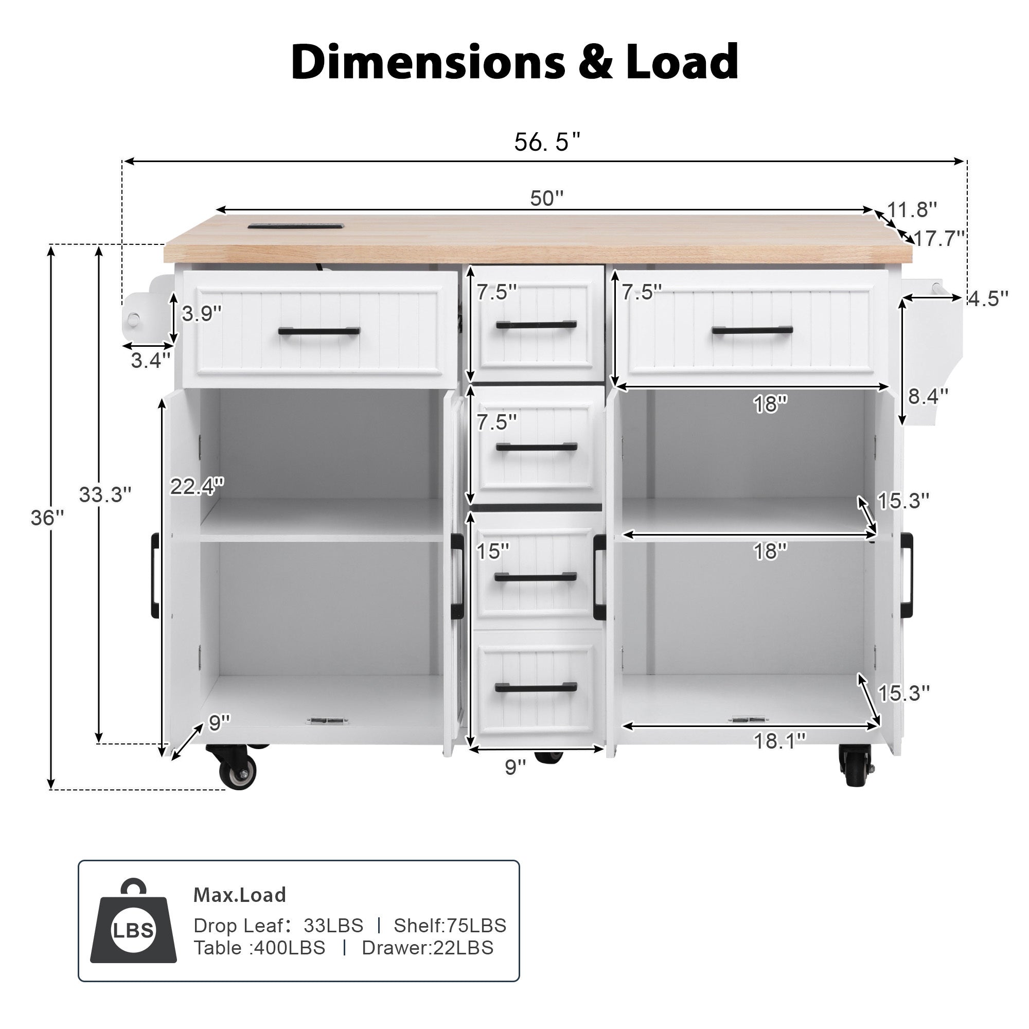 K&K 56.5'' Kitchen Island with Drop Leaf, Power Outlet, Embossed Vertical Stripe Rolling Kitchen Cart on Wheels with 4 Doors , 5 Deep Drawers and Adjustable Shelves, for Kitchen, Dining Room, White - Grand Goldman Shop