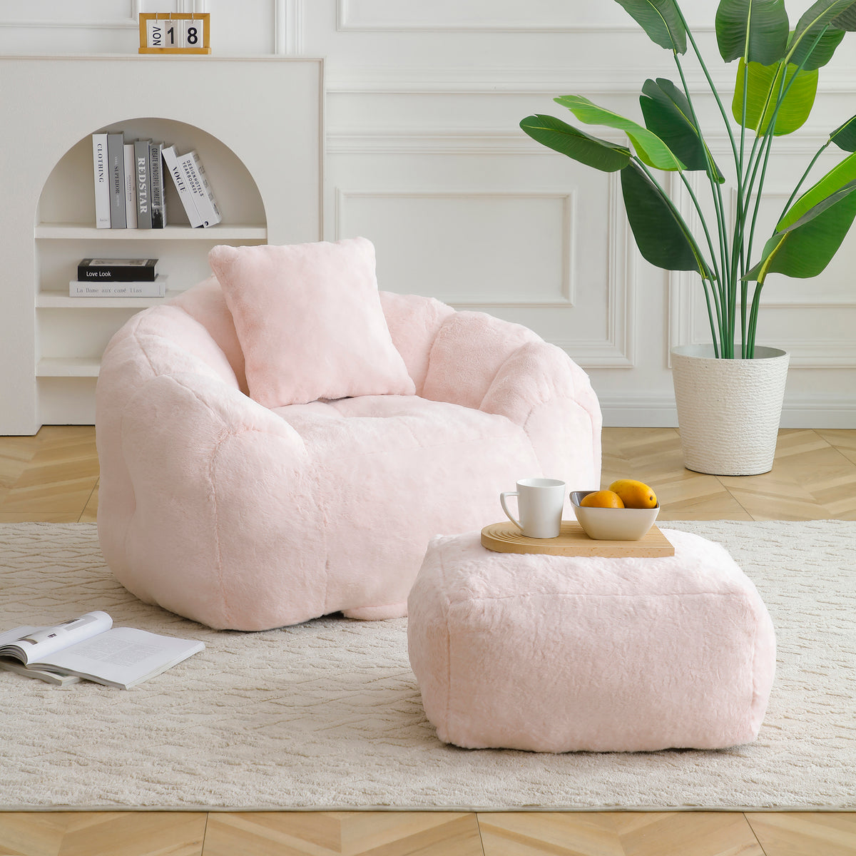Giant Bean Bag Chair withFootstool, Oversized Bean Bag  for Adults and Kids, Faux Fur Shell-Shaped Large Chair with Filler, Stuffed Big Accent Sofa,  Floor Sofa for Gaming,Reading Living Room Bedroom - Grand Goldman Shop