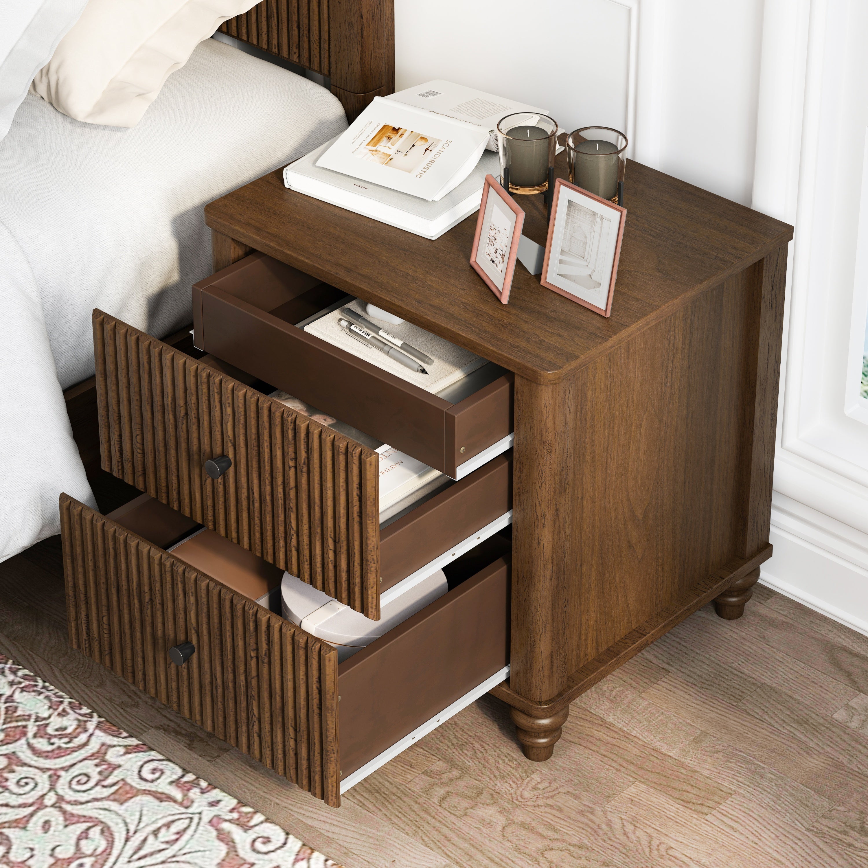 3-Piece Bedroom Set with King Bed and 2 Nightstands, Walnut Brown - Grand Goldman Shop