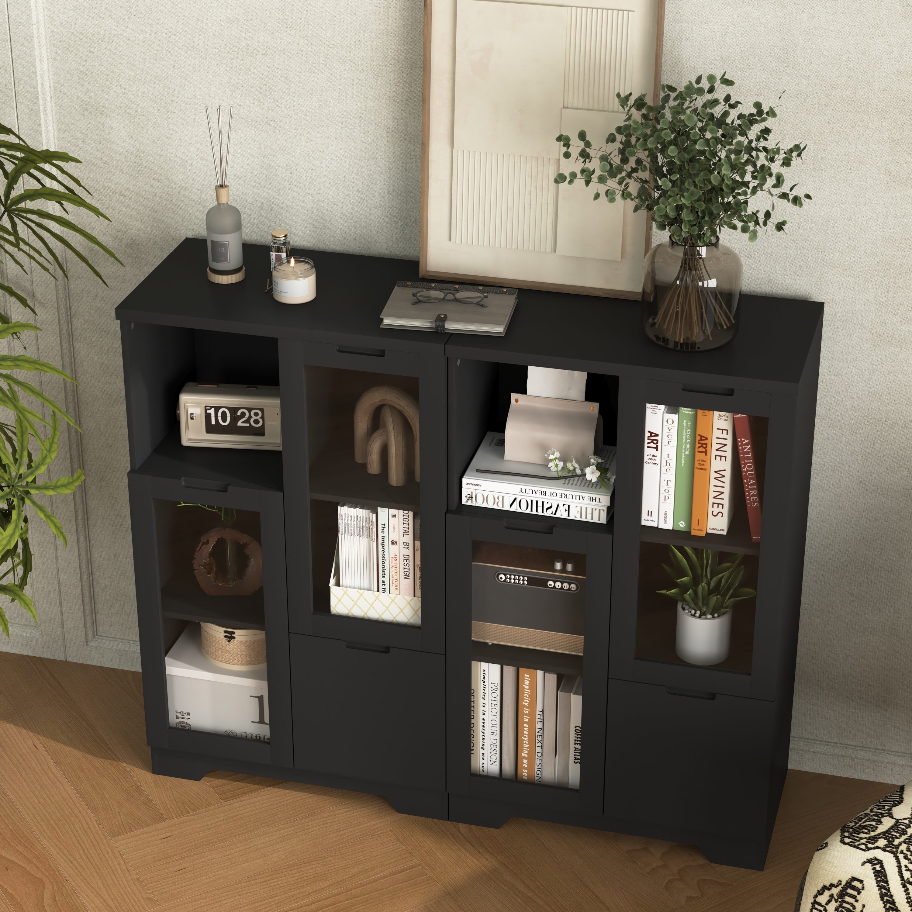 Modern MDF Painted Cabinet with Glass Doors and Drawer, Black, Bedroom or Living Room Storage - Grand Goldman Shop
