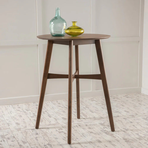 Mid-Century Modern Round Wooden Bar Table – 42' High Bar Table with Tapered Legs for Kitchen, Dining Room or Home Bar, Natural Walnut - Grand Goldman Shop