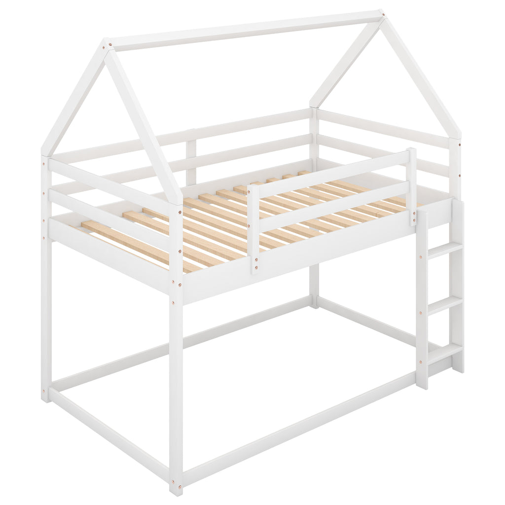 Twin over Twin Low Bunk Bed with Ladder, White - Grand Goldman Shop