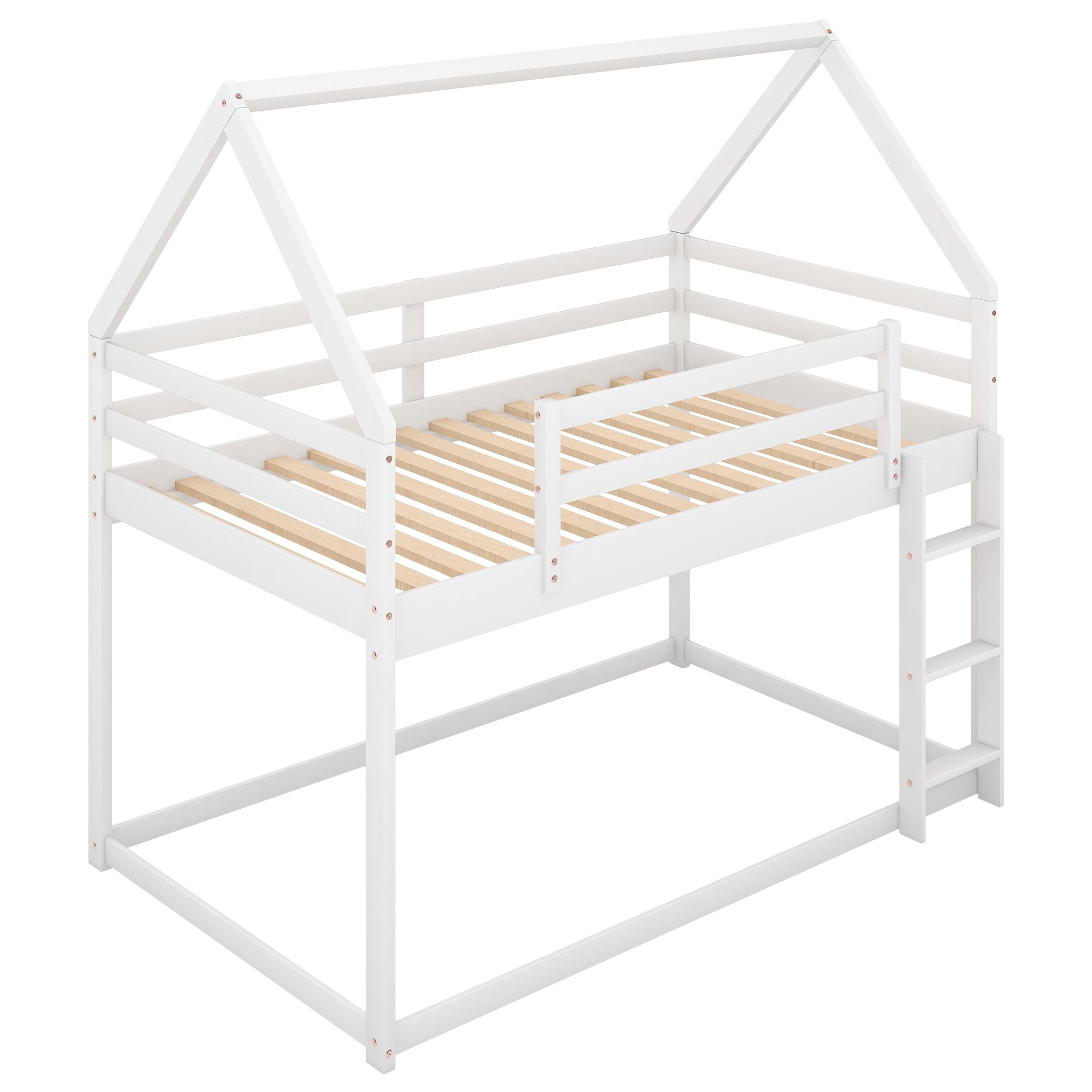 Twin over Twin Low Bunk Bed with Ladder, White - Grand Goldman Shop