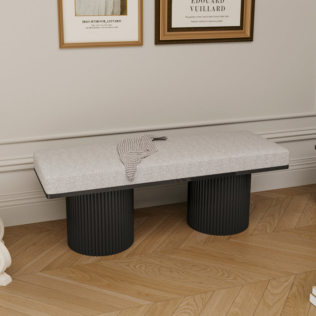 Upholstered Bench with Black Chunky Legs Light Grey Boucle Fabric Contemporary Style Bed-end Bench for Bedroom Living Room - Grand Goldman Shop