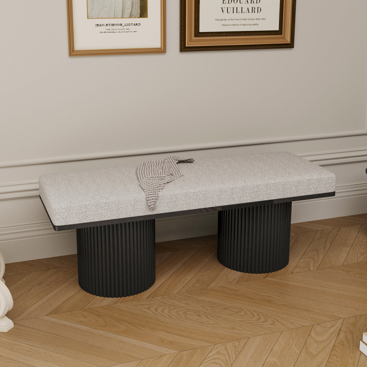 Upholstered Bench with Black Chunky Legs Light Grey Boucle Fabric Contemporary Style Bed-end Bench for Bedroom Living Room - Grand Goldman Shop