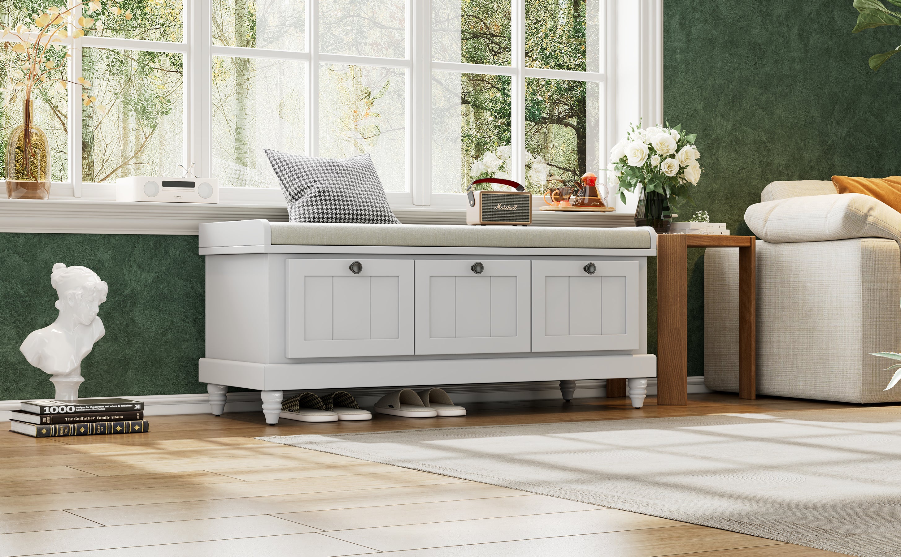 TREXM Classic Shoe Bench with Cushion and Three Drawers, Fluted Entryway Bench with Storage for Living Room, Entryway, and Hallways (Light Gray, OLD SKU: N715P207812E ) - Grand Goldman Shop