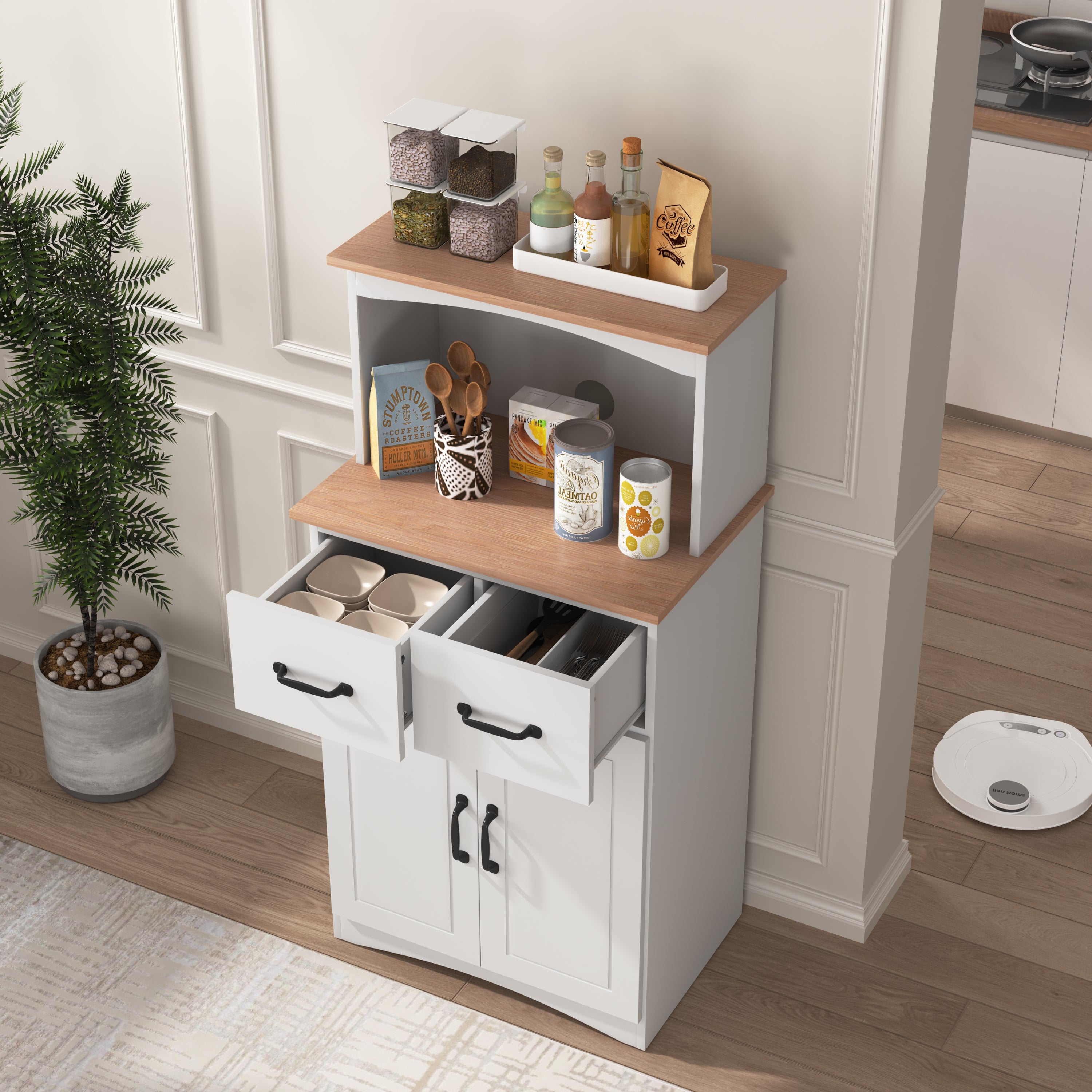 Wooden Kitchen Cabinet White Pantry Storage Microwave Cabinet with Storage Drawer - Grand Goldman Shop