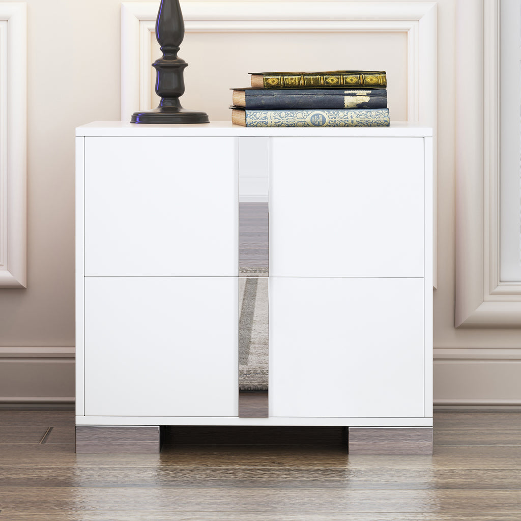 Elegant Nightstand with Metal Foot, Mirrored Bedside Table with 2 Drawers for Bedroom, Living Room, White (Old SKU: WF319353AAK) - Grand Goldman Shop
