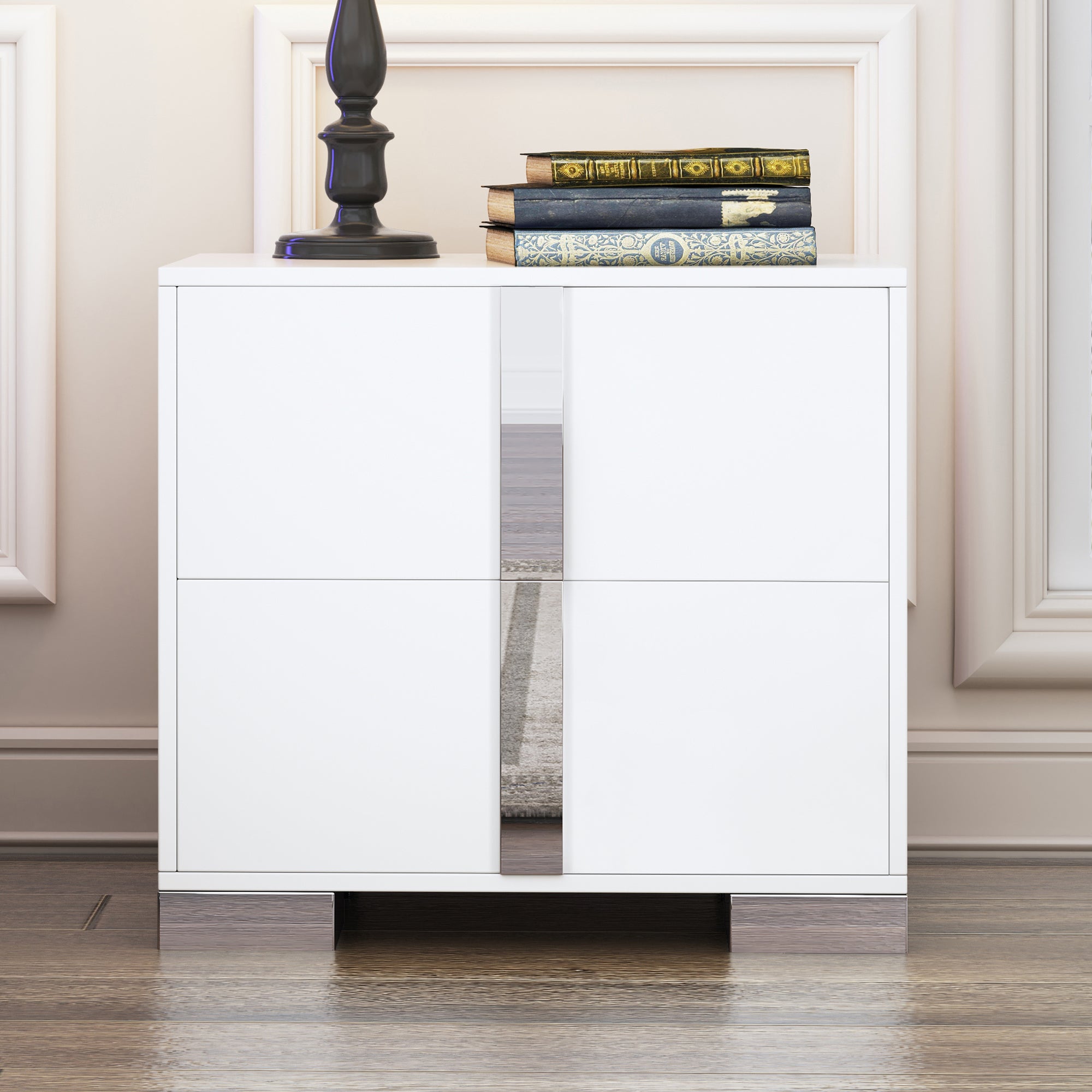 Elegant Nightstand with Metal Foot, Mirrored Bedside Table with 2 Drawers for Bedroom, Living Room, White (Old SKU: WF319353AAK) - Grand Goldman Shop