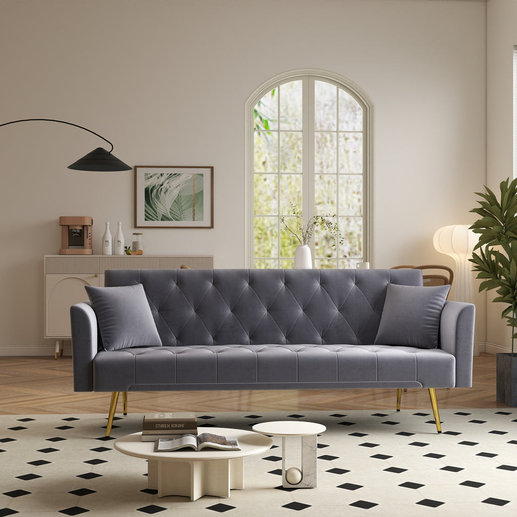 Modern convertible 72 inch foldable sleeper sofa with tufted, American retro style, made of gray velvet material, suitable for small living rooms, bedrooms and offices. gray color - Grand Goldman Shop