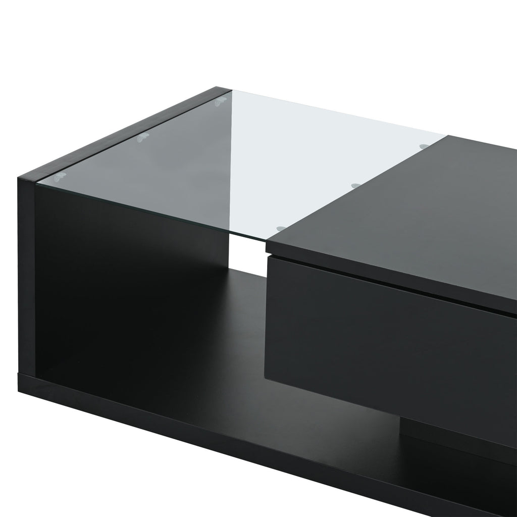 [VIDEO provided] ON-TREND Modern Coffee Table with Tempered Glass, Wooden Cocktail Table with High-gloss UV Surface, Modernist 2-Tier Rectangle Center Table for Living Room, Black - Grand Goldman Shop