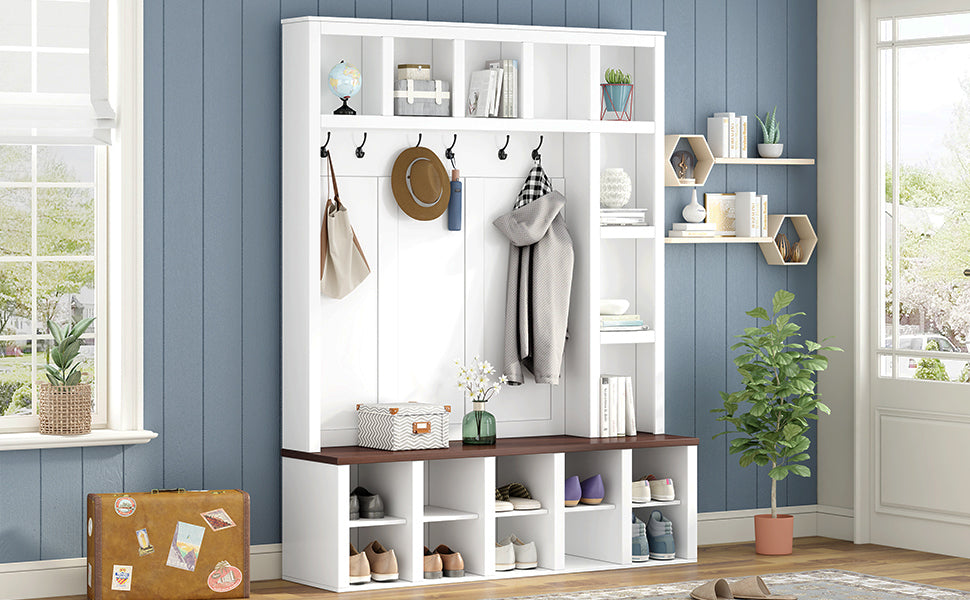 Farmhouse Wooden Hall Tree with 6 Hooks, Walnut Storage Bench with Adjustable Shelves, 4-in-1 Entryway Shoe Cabinet with Cubbies for Mudroom, Living Room, White, 76.7'H (OLD SKU: N721S000044K) - Grand Goldman Shop
