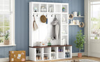 Farmhouse Wooden Hall Tree with 6 Hooks, Walnut Storage Bench with Adjustable Shelves, 4-in-1 Entryway Shoe Cabinet with Cubbies for Mudroom, Living Room, White, 76.7'H (OLD SKU: N721S000044K) - Grand Goldman Shop