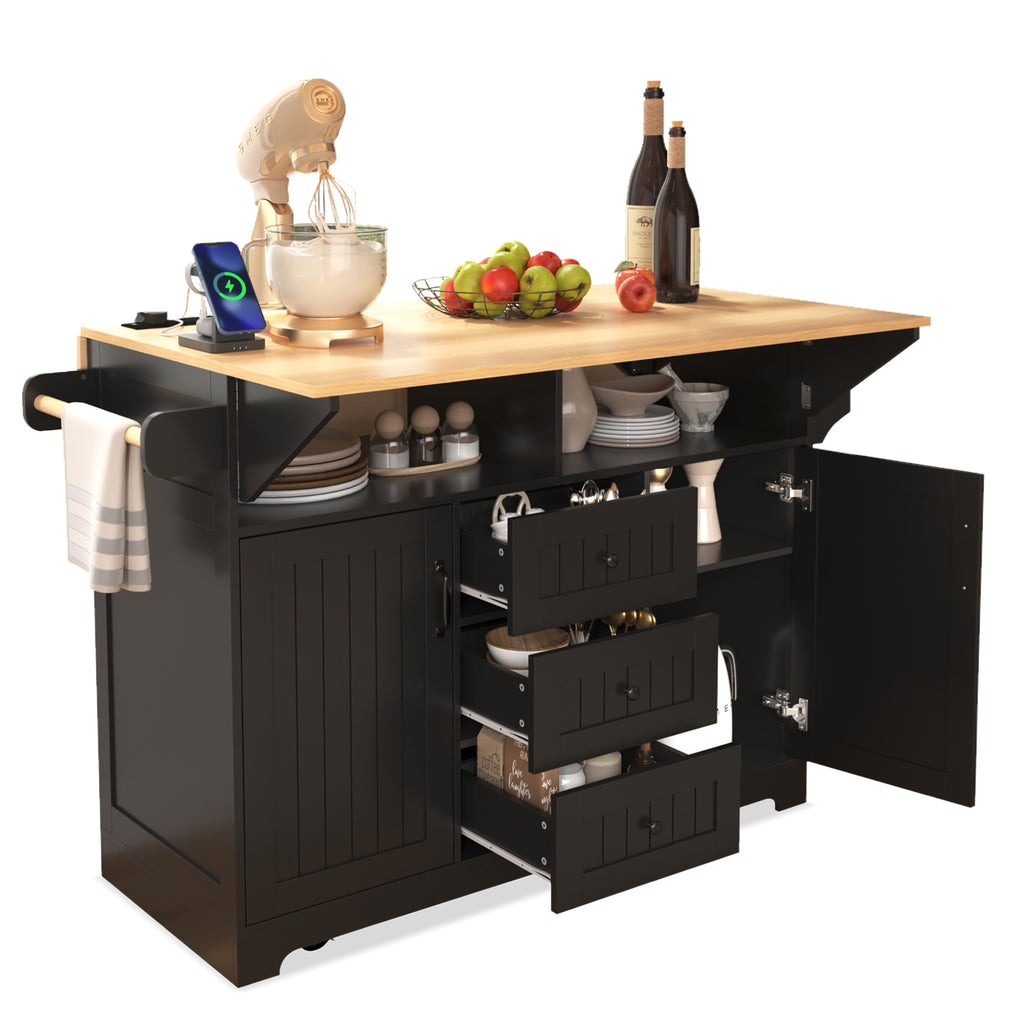 K&K 55.7'' Large Kitchen Island with 2 Drop Leaf,, Rolling Kitchen Cart on 5 Wheels with Power Outlet, Folding Storage Dining Table with Spice & Towel Rack , 3 Drawers, for Kitchen, Dining Room,Black - Grand Goldman Shop