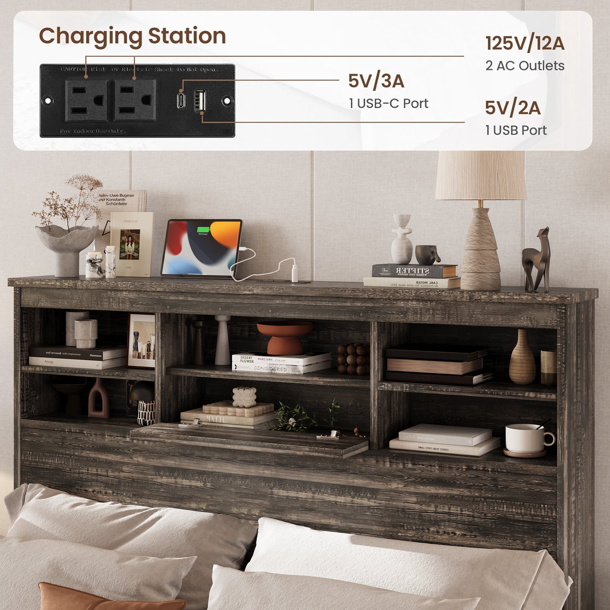 4PCS Bedroom Sets, Wooden Queen Size Bed Frame with Storage Headboard and Charging Station, 2 Nightstands with 2 Drawers, 1 Dresser with 5 Drawers, Antique Gray - Grand Goldman Shop
