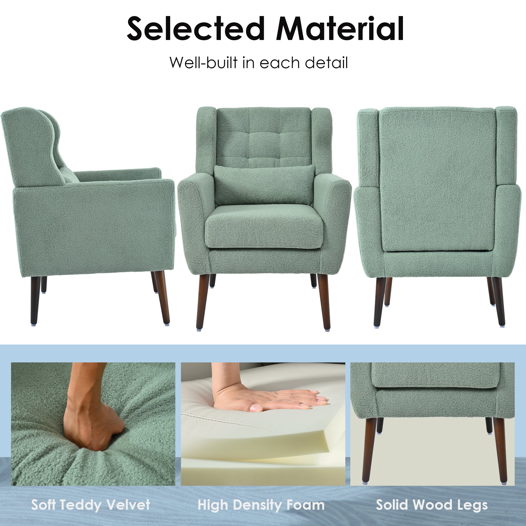 Modern Accent Chair,Teddy Fabric Living Room Chairs Comfy Reading Chair,Mid Century Accent Chair, Lounge Arm Chairs Armchair for Living Room Bedroom (Light Green) - Grand Goldman Shop