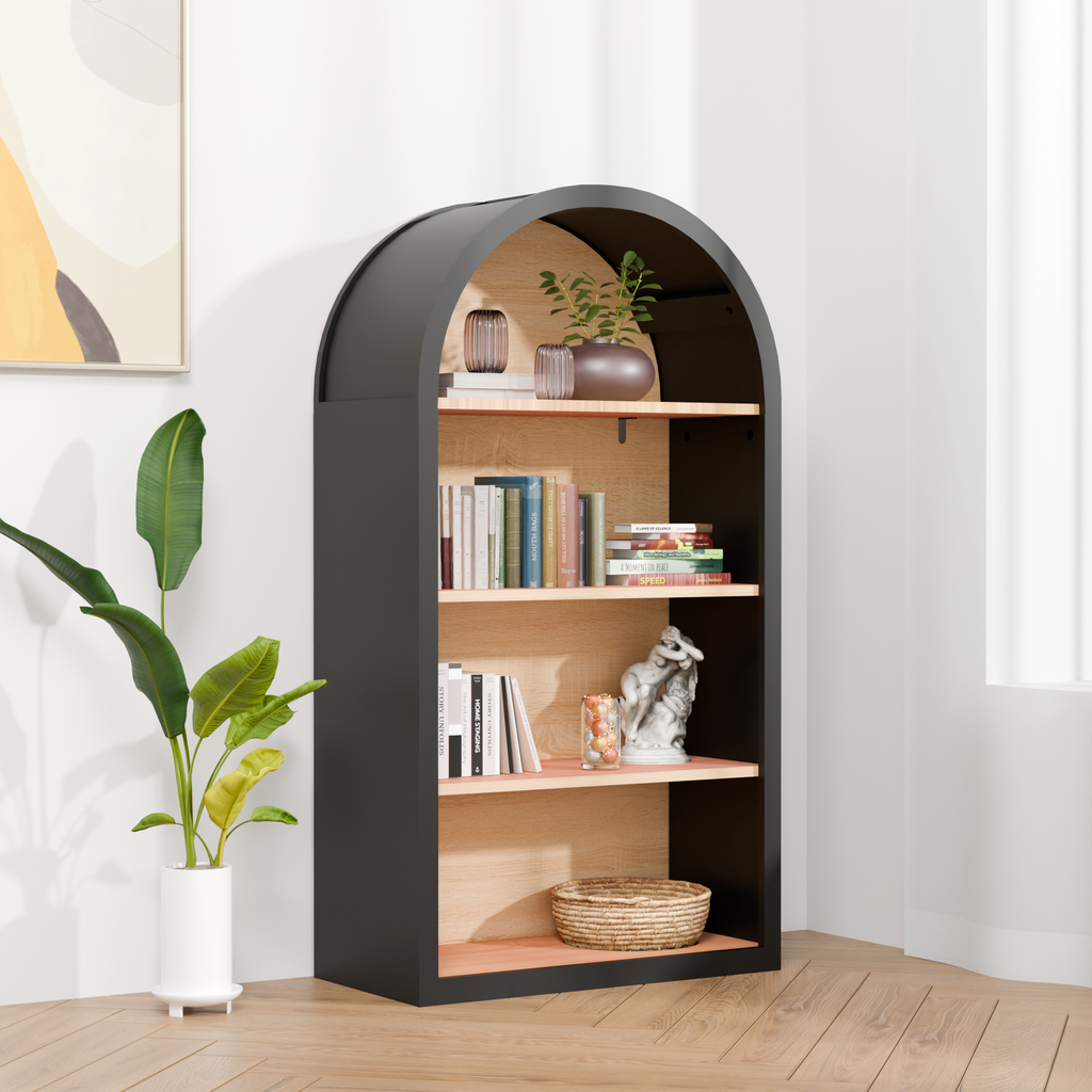 4-Tier Black Arched Bookshelf, 43' Tall Arched Bookcase with Storage Shelves - Grand Goldman Shop